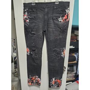 Rock Star Original Men Black Distressed Jeans Zippers Pockets Paint Size 40